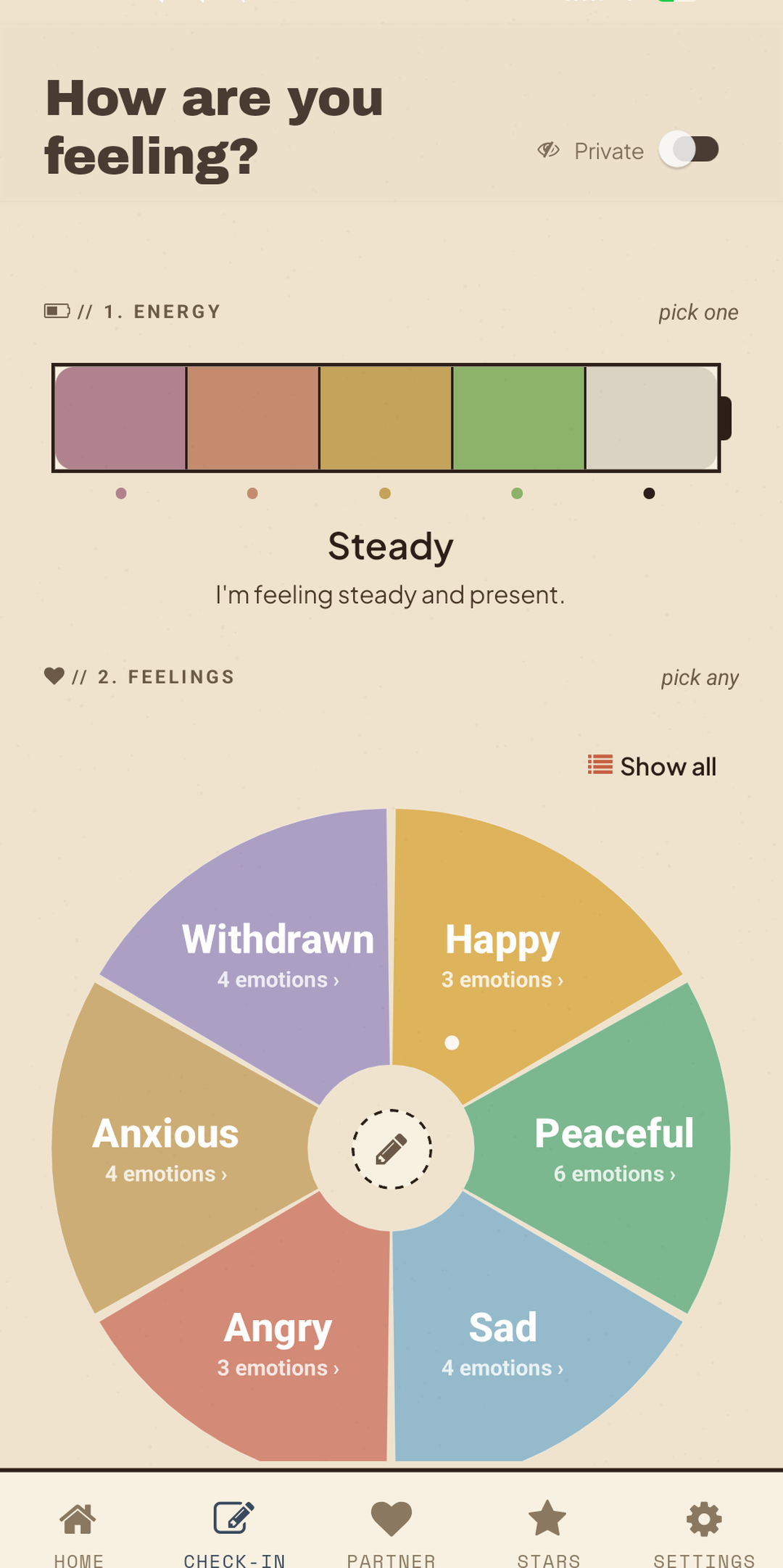Feelabit check-in screen